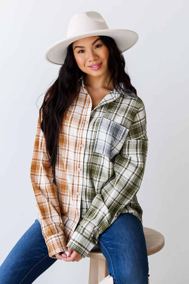 Green Color Block Plaid Flannel close up