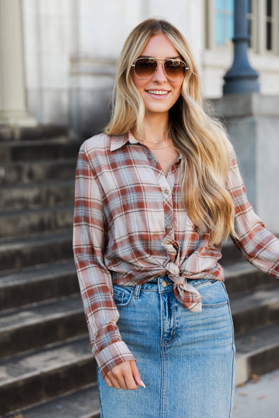 taupe Plaid Flannel on model