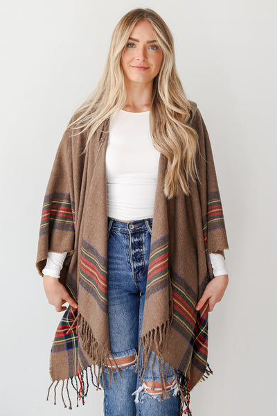 Brown Plaid Fringe Hooded Shawl front view