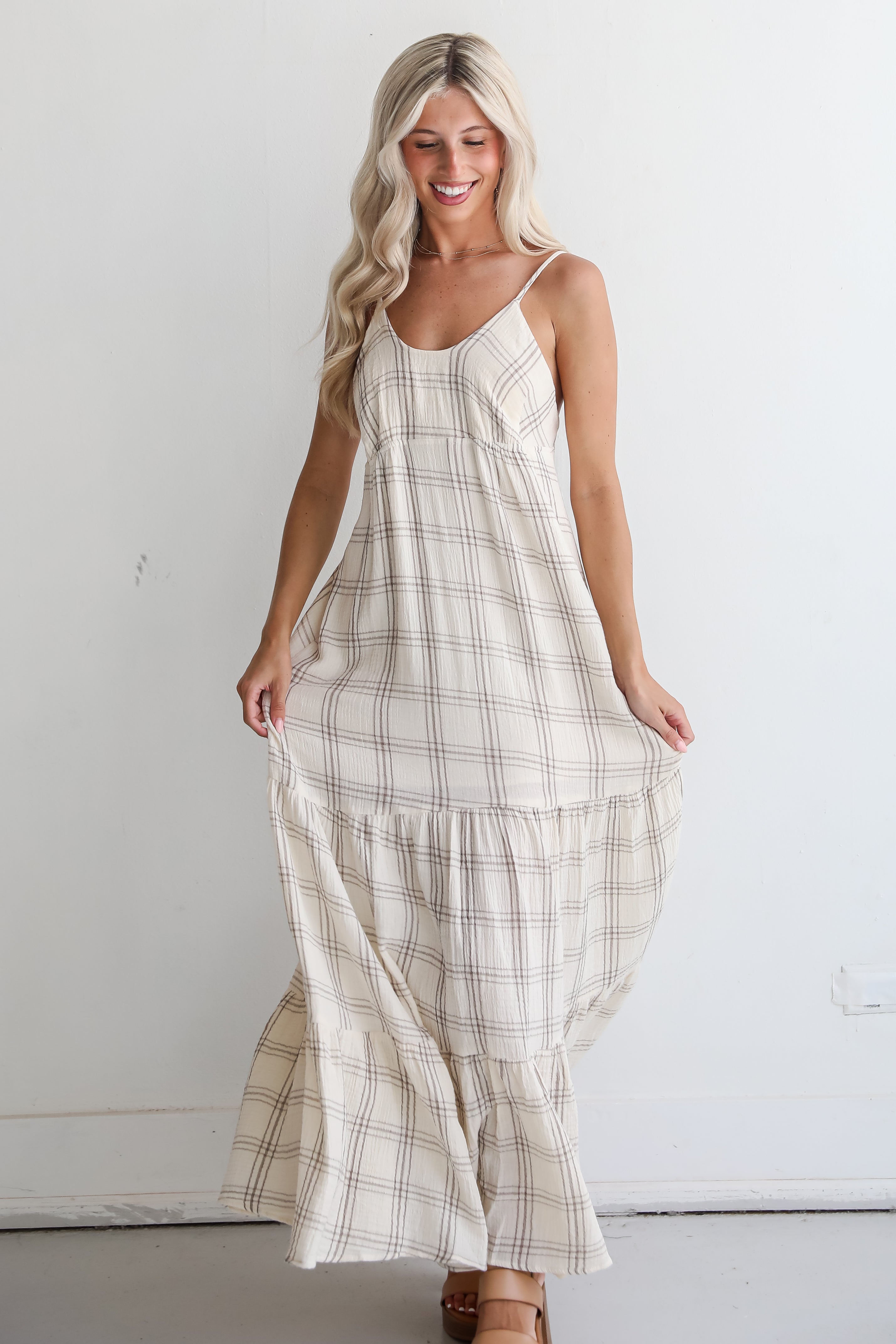 Playful Vibes Grey Plaid Linen Maxi Dress