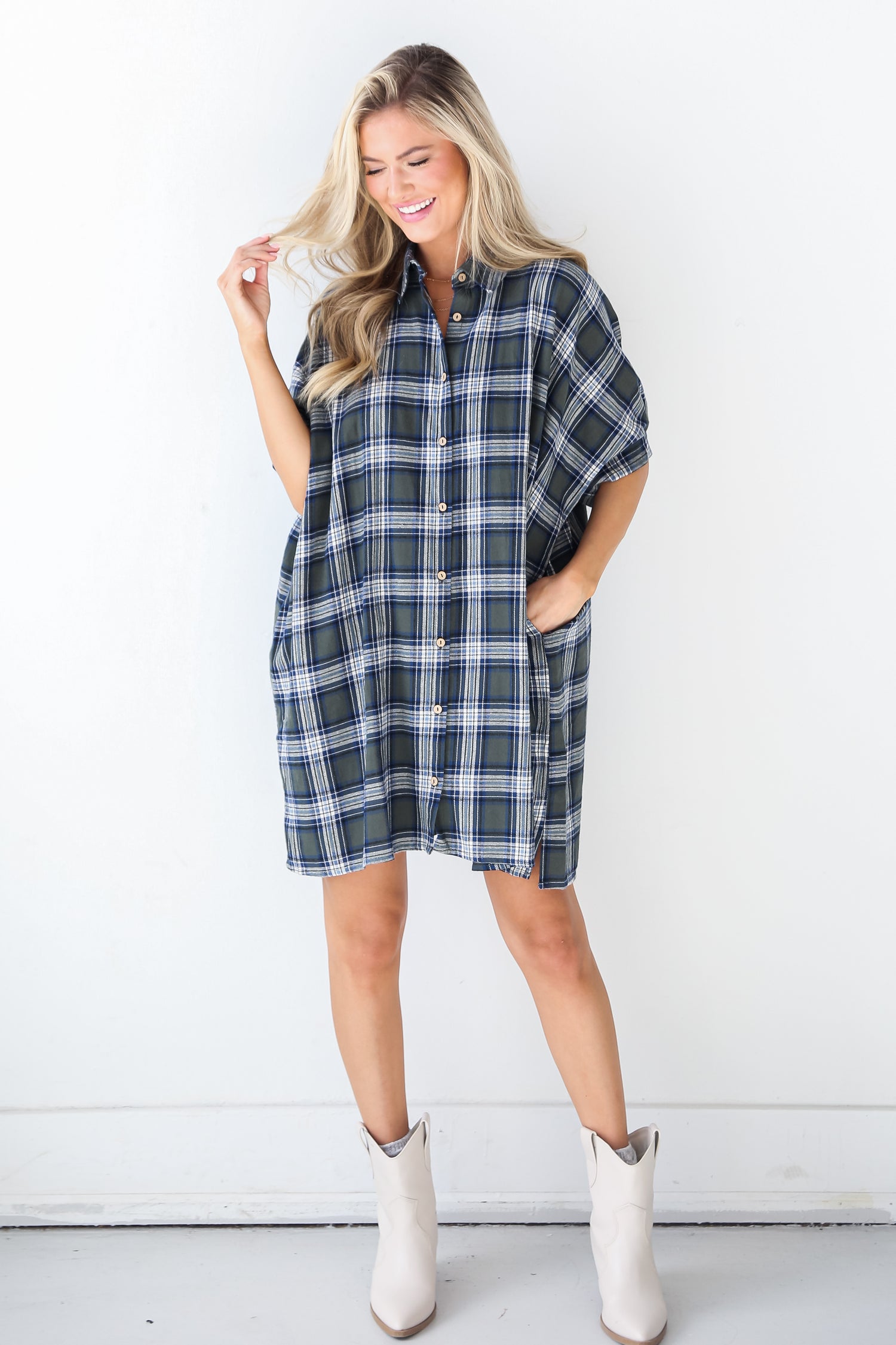 cute Olive Plaid Mini Dress