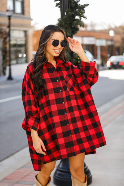 red Buffalo Check Plaid Oversized Flannel on model