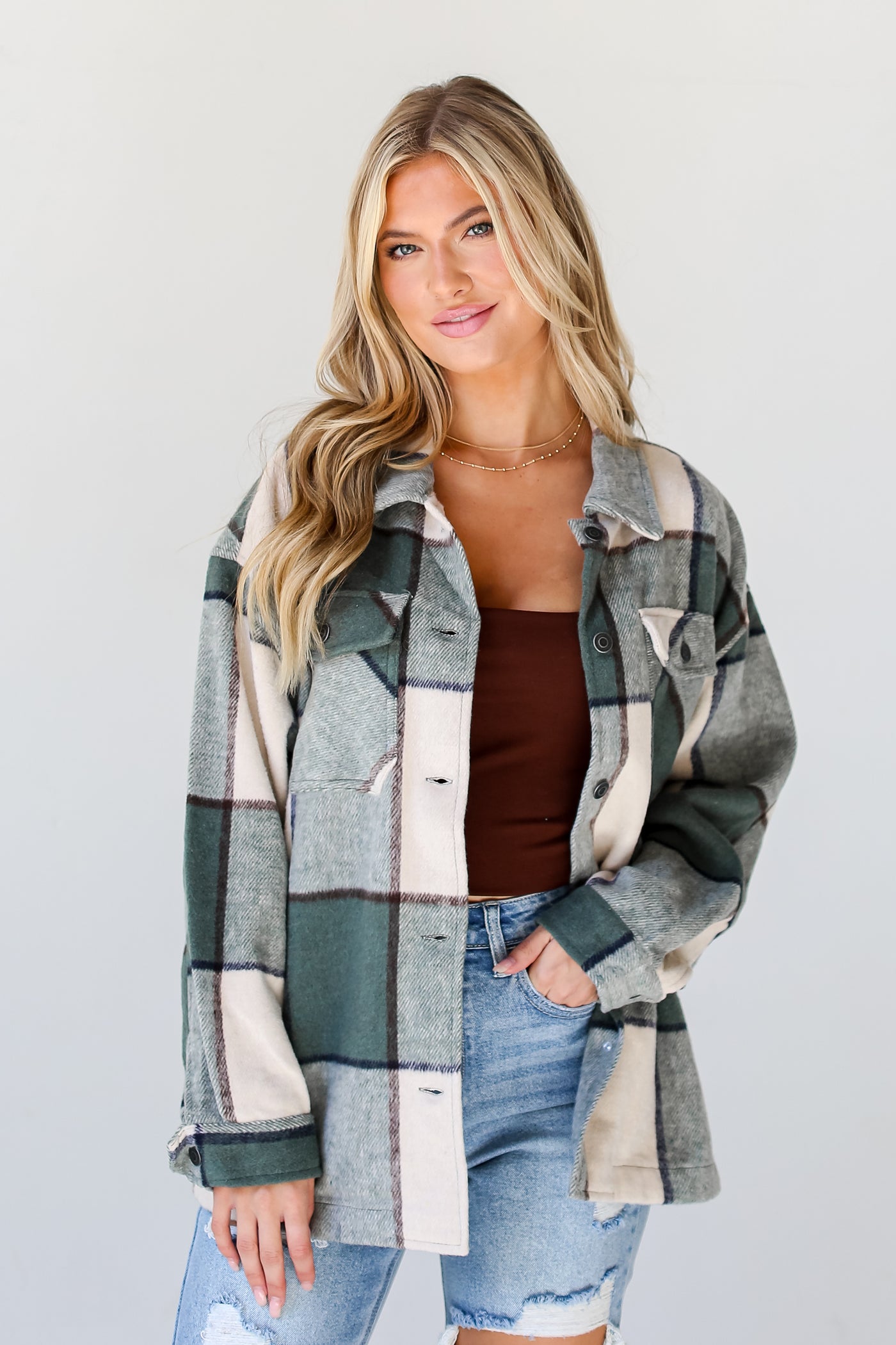 sage Plaid Shacket front view