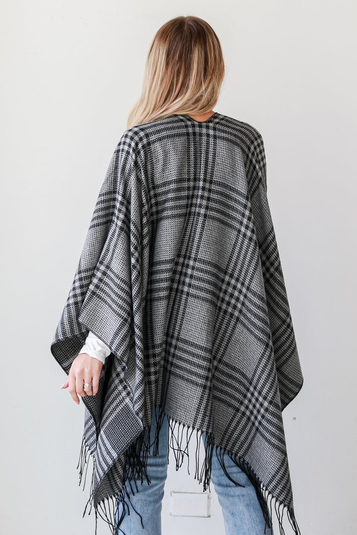 trendy Black Plaid Fringe Shawl