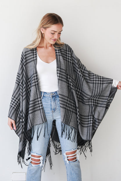 Black Plaid Fringe Shawl on model