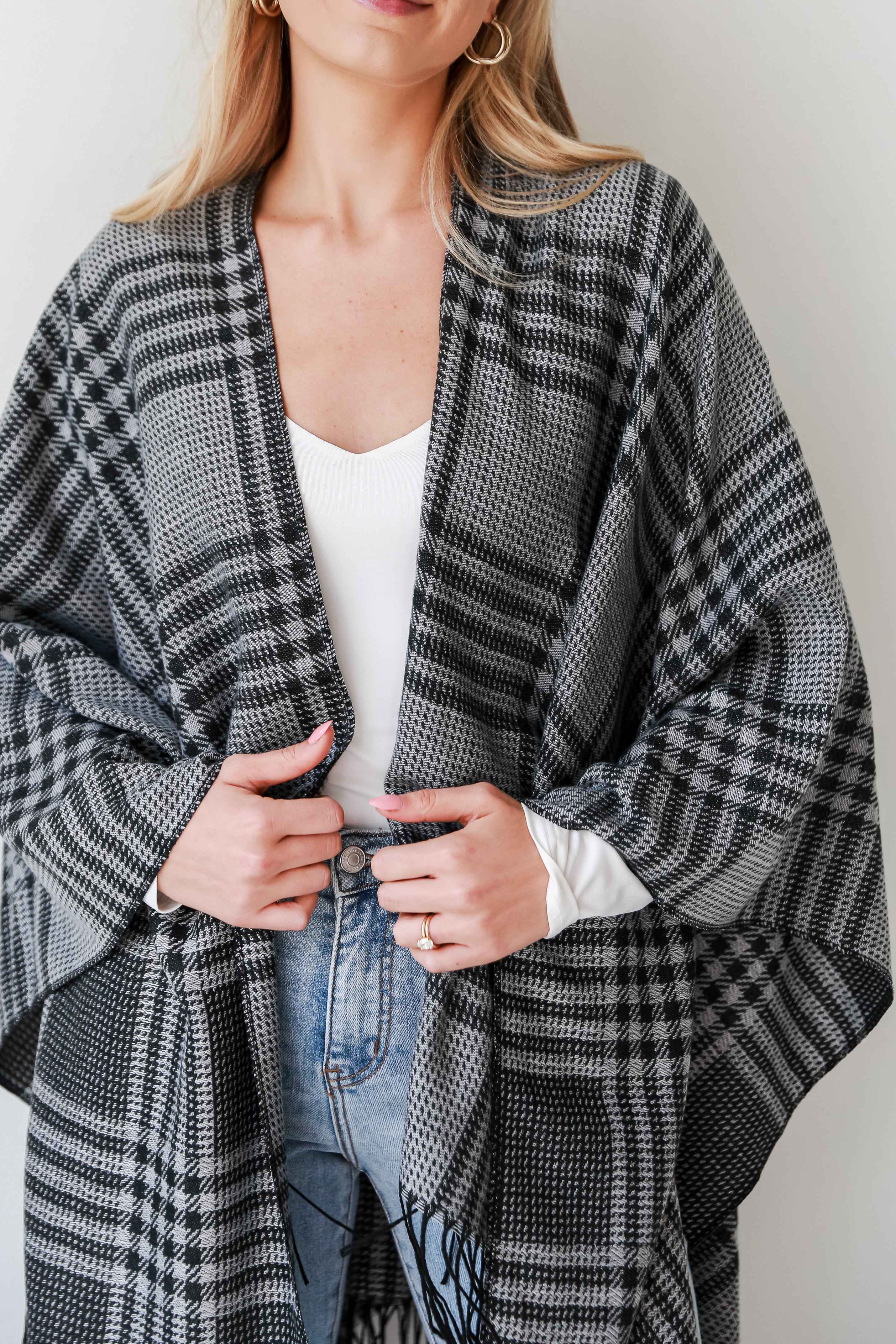 FINAL SALE - Cuddling Close Black Plaid Fringe Shawl - DOORBUSTER