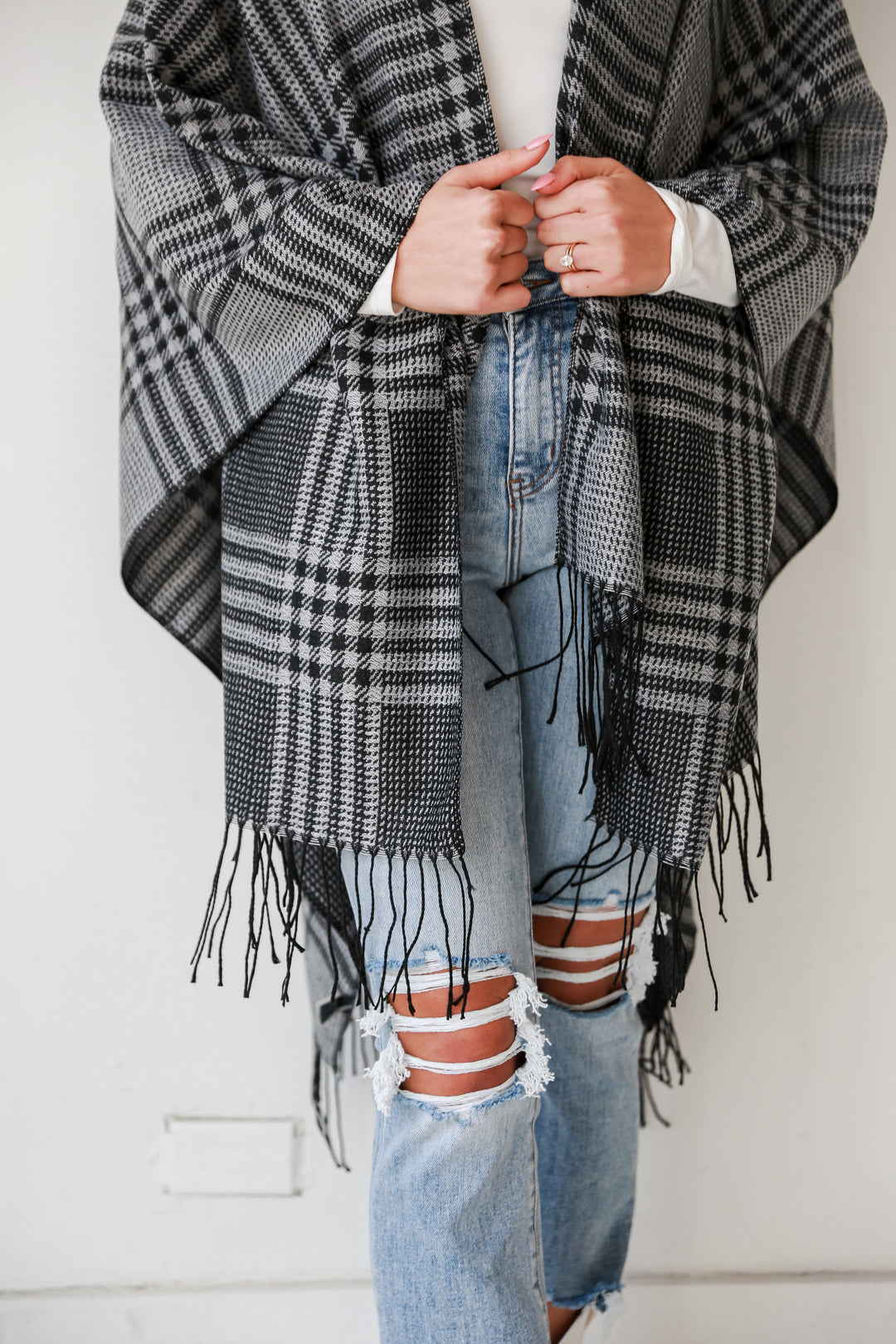 oversized Black Plaid Fringe Shawl