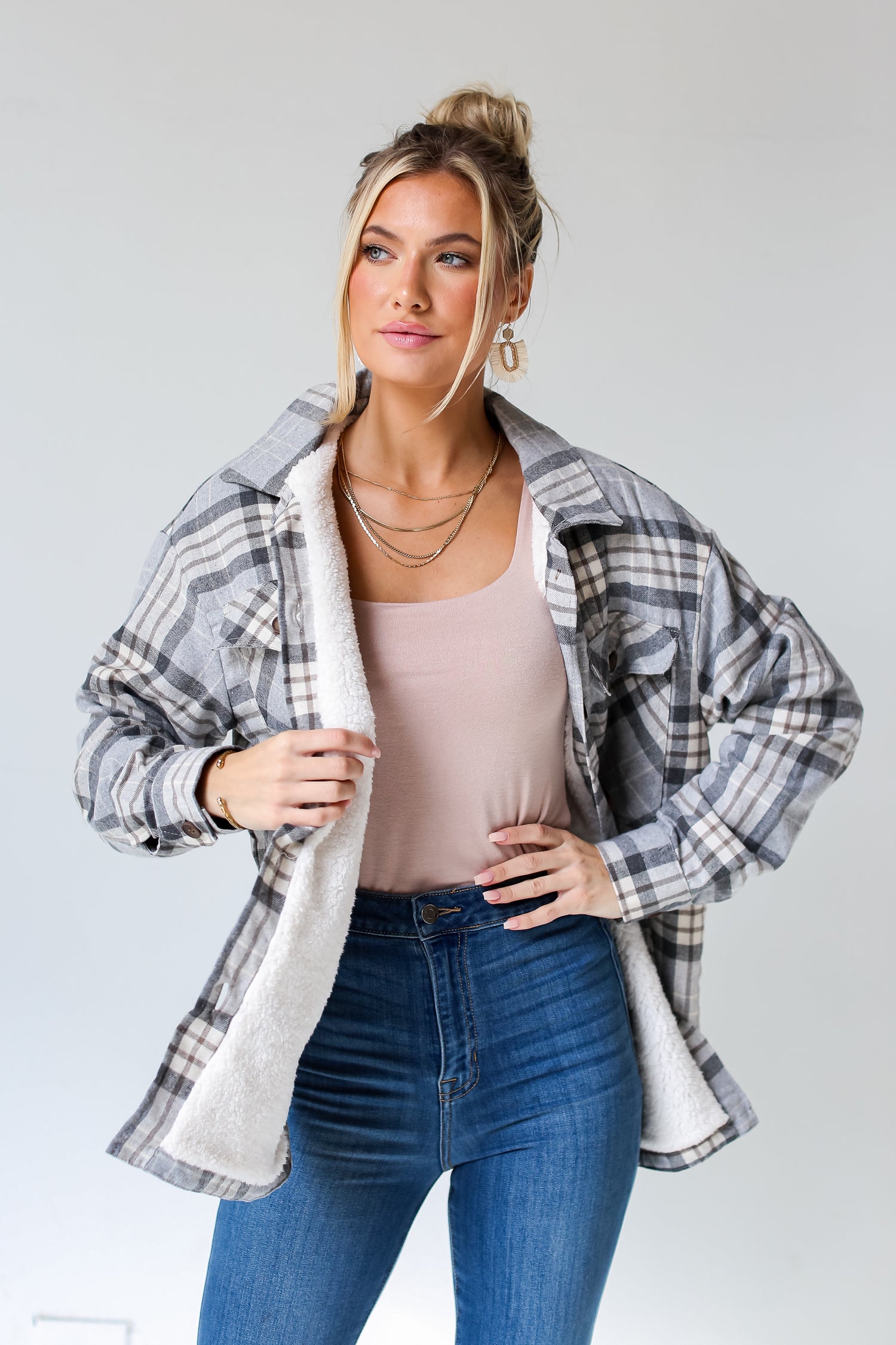 Grey Plaid Sherpa Shacket  front view