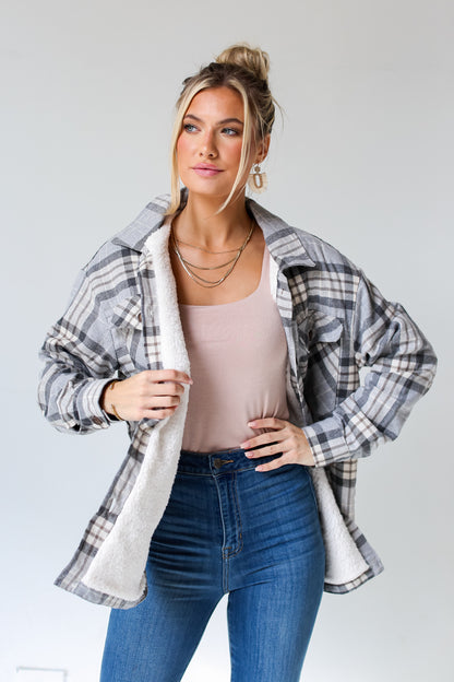 Grey Plaid Sherpa Shacket  front view