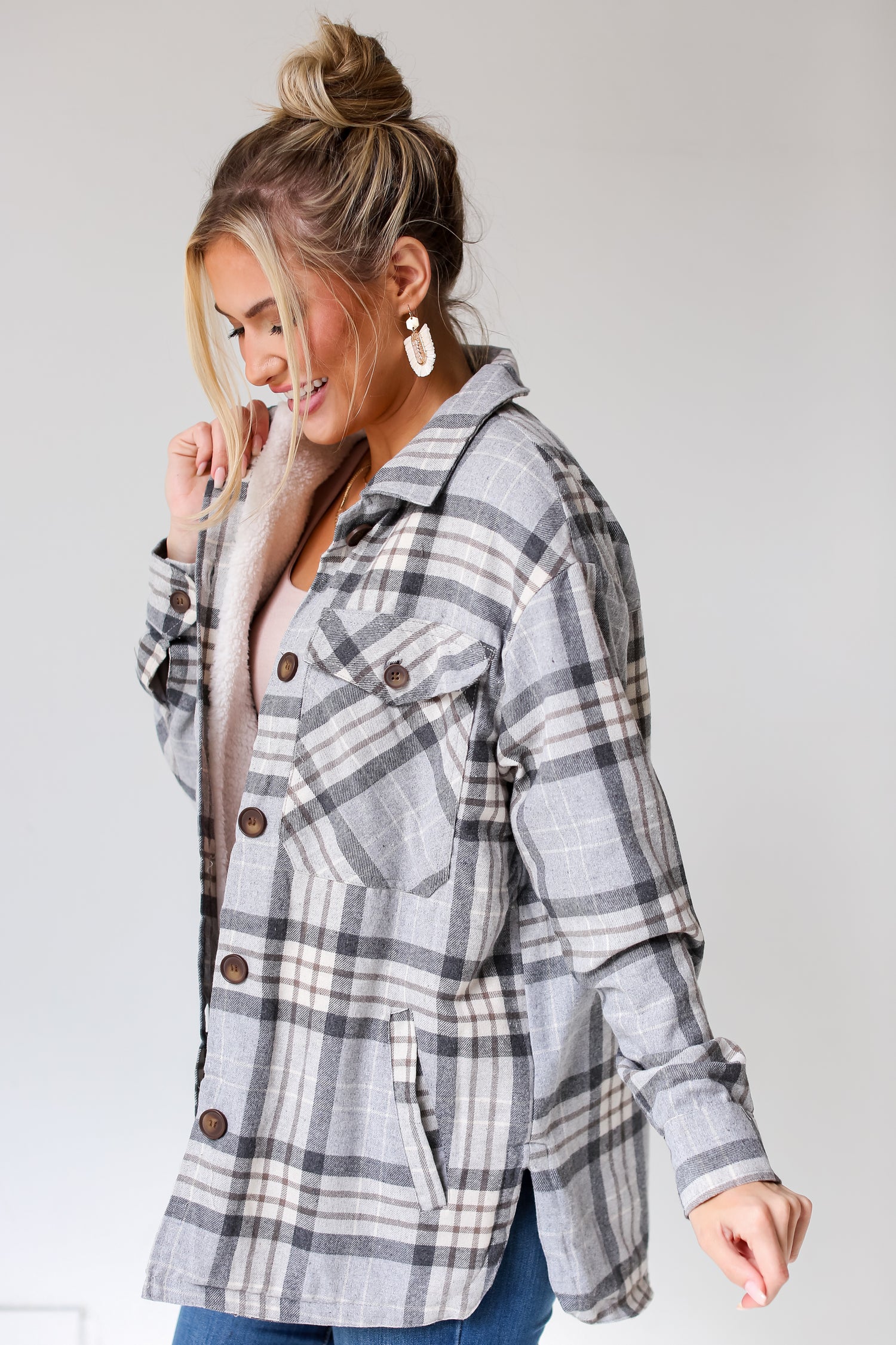 Grey Plaid Sherpa Shacket side view