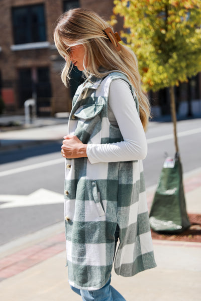 Sage Plaid Longline Vest on model Long Line Vest, Women's Outwear