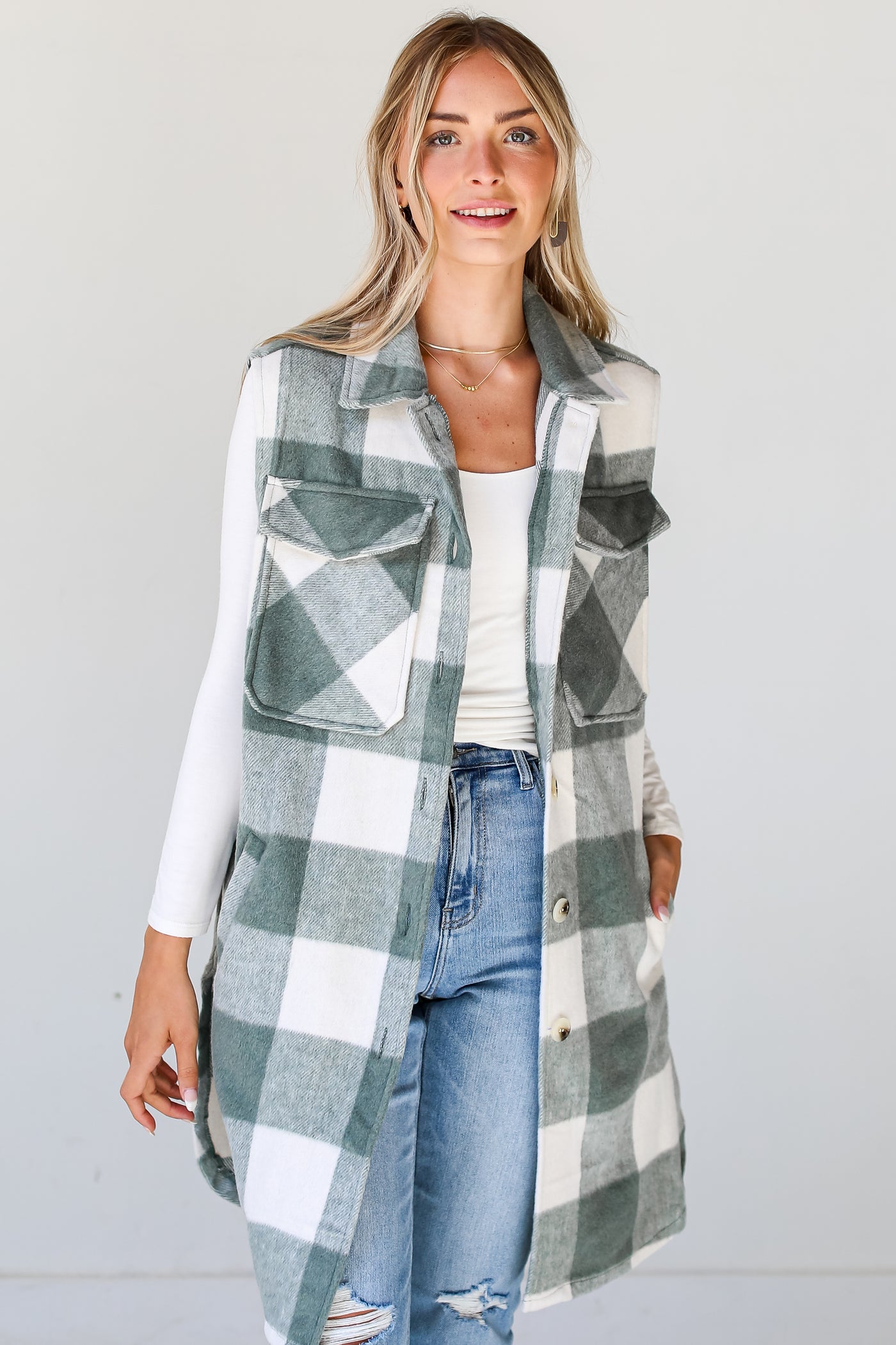 model wearing a Sage Plaid Longline Vest