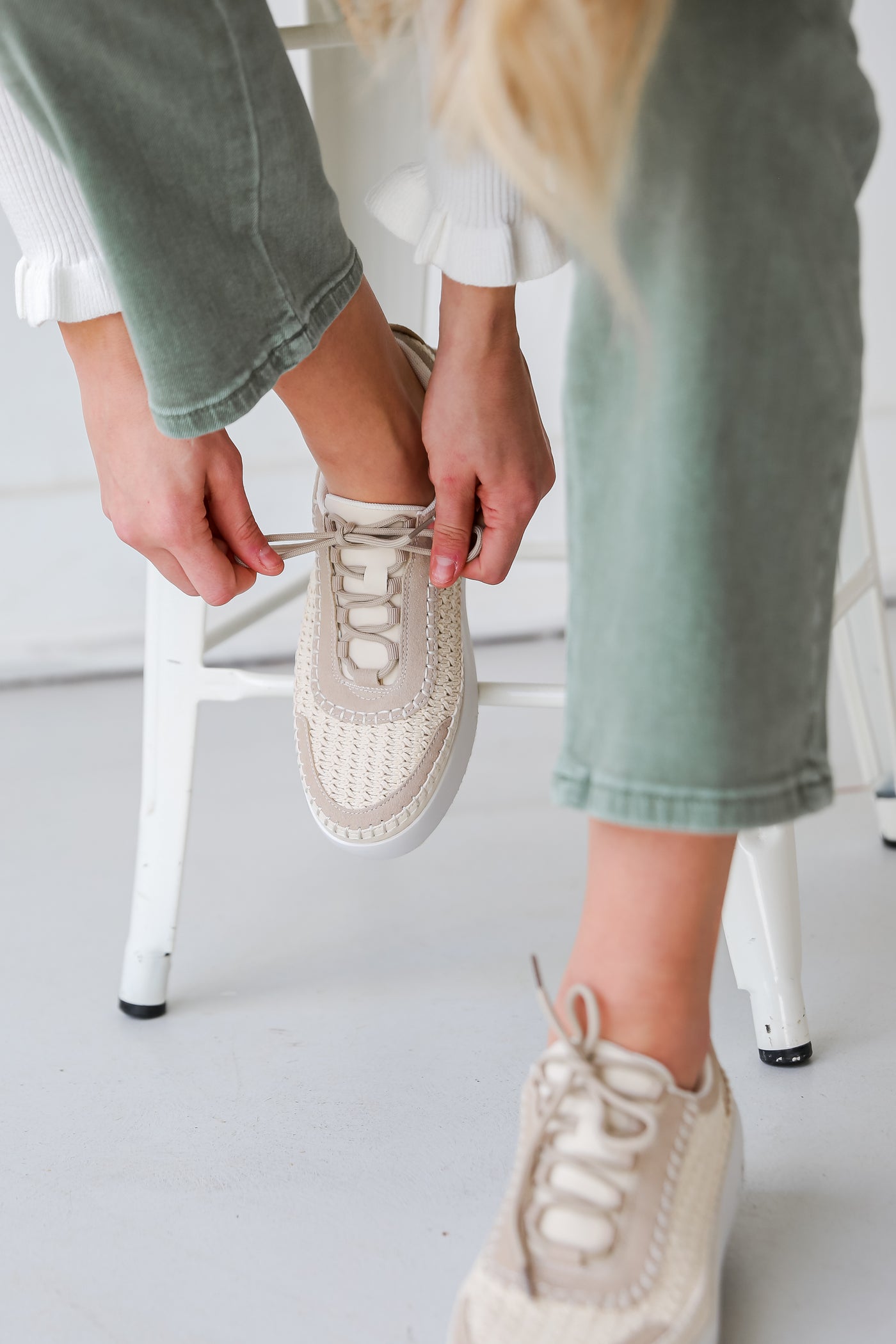 Cream Crochet Platform Sneakers on model