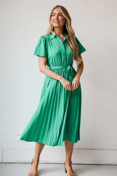 green Pleated Midi Dress