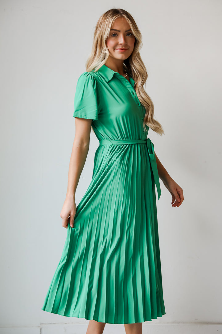 green Pleated Midi Dress side view