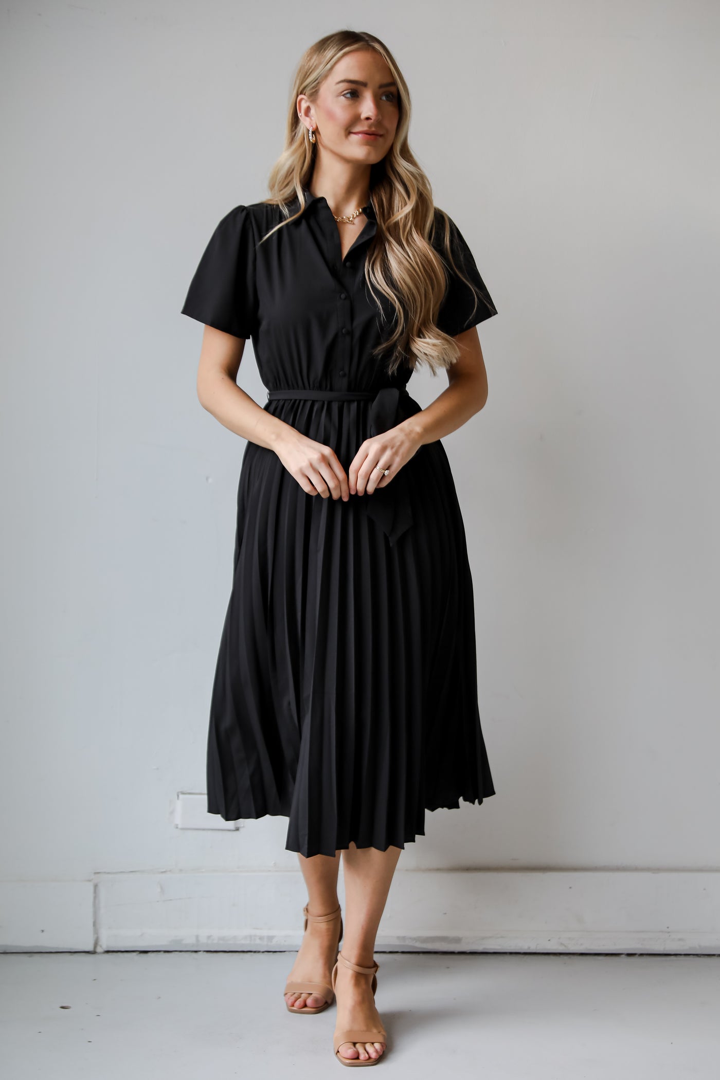 black Pleated Midi Dress