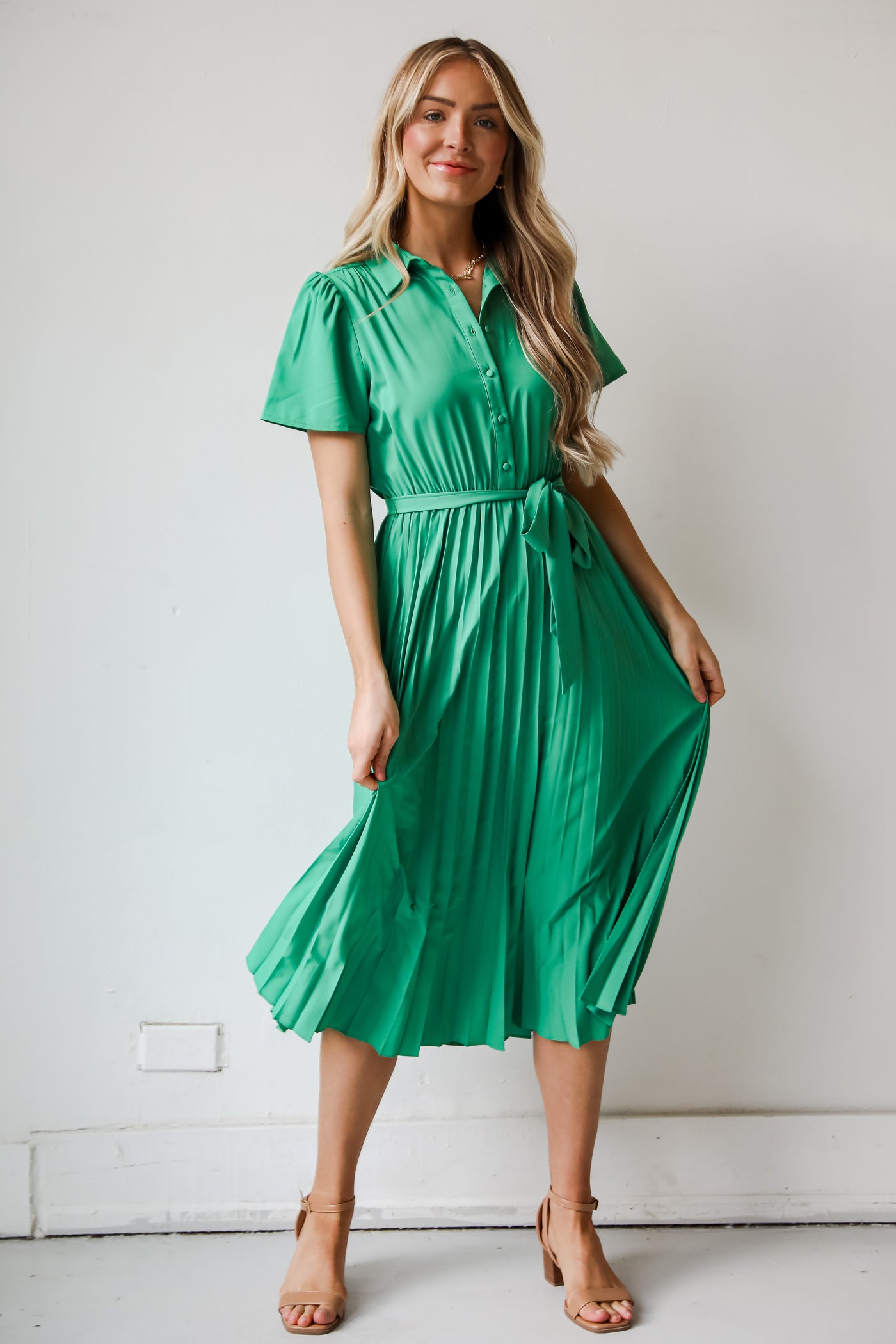 green Pleated Midi Dress front view