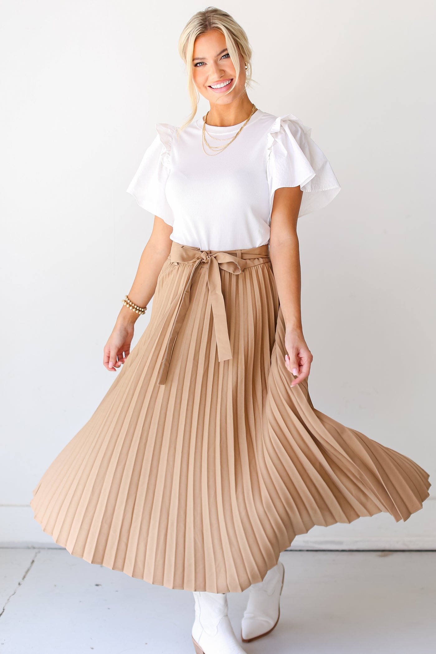 taupe Pleated Midi Skirt front view