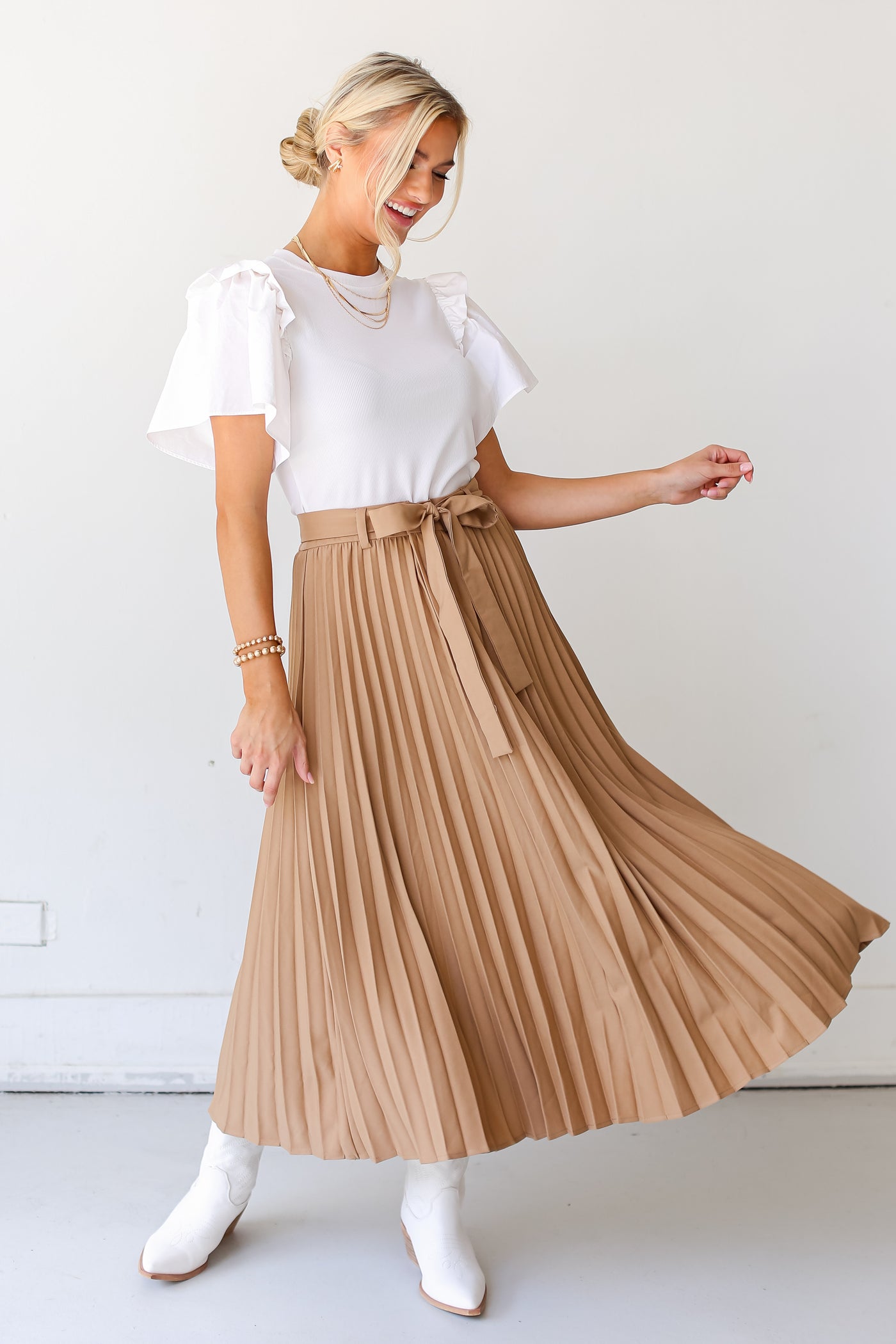 taupe Pleated Midi Skirt for fall