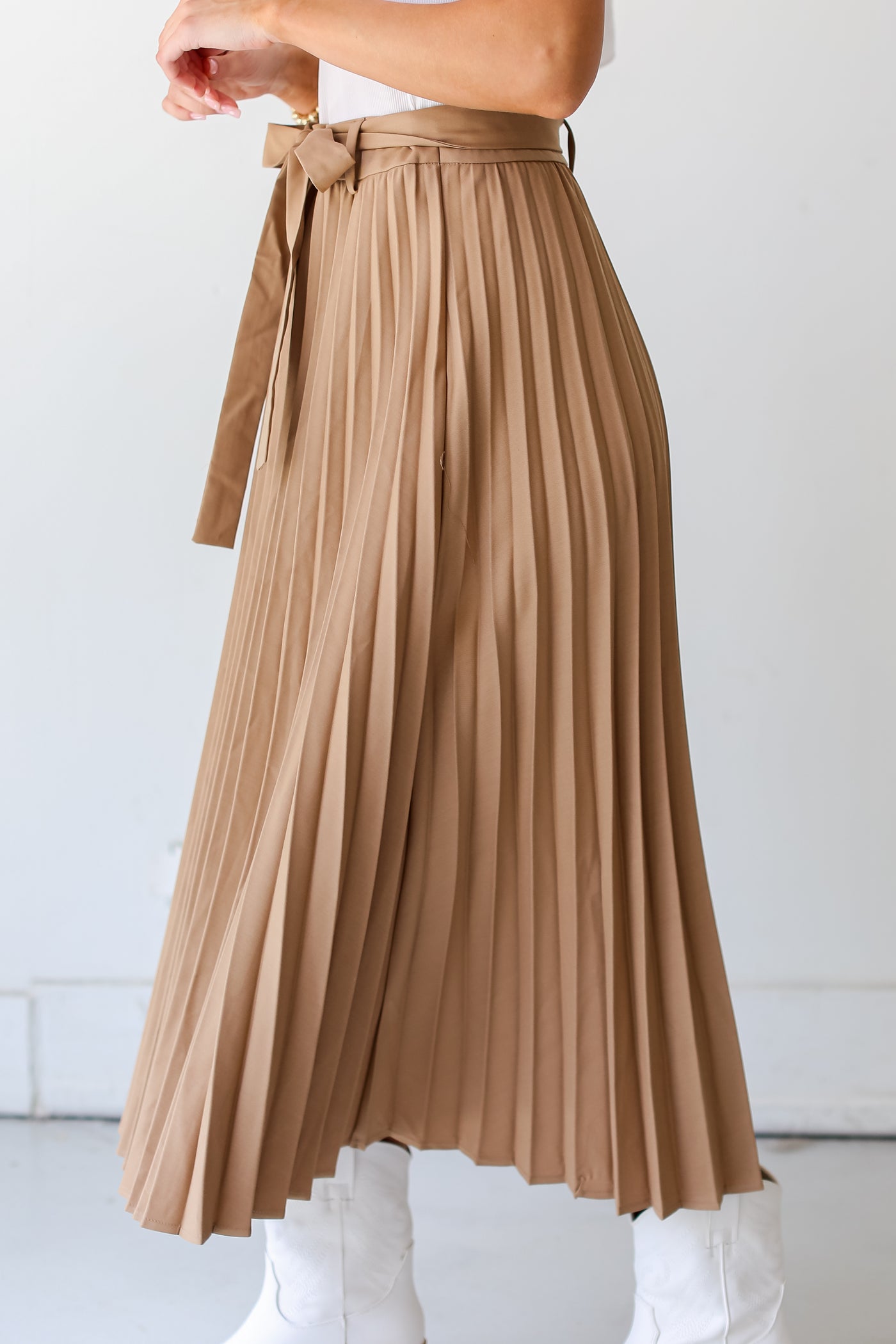 taupe Pleated Midi Skirt side view