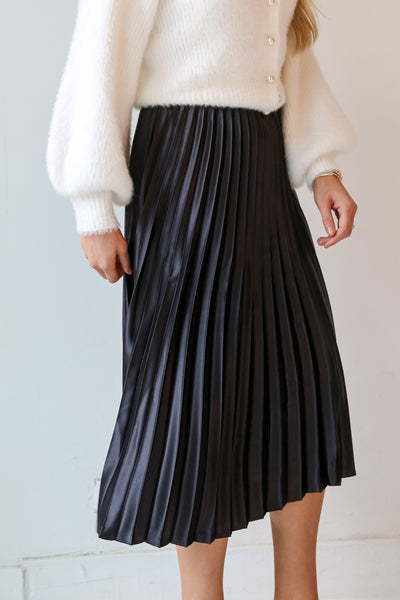 black Satin Pleated Midi Skirt side view