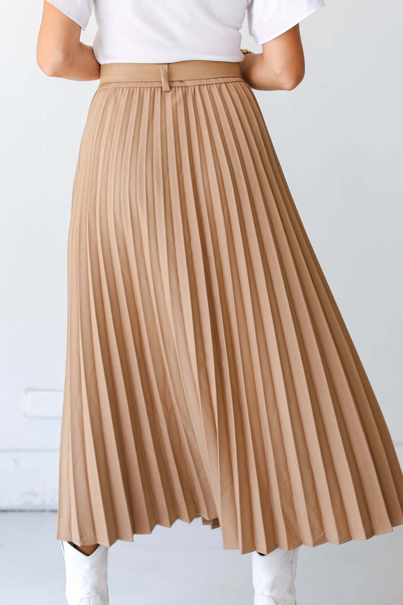 taupe Pleated Midi Skirt back view