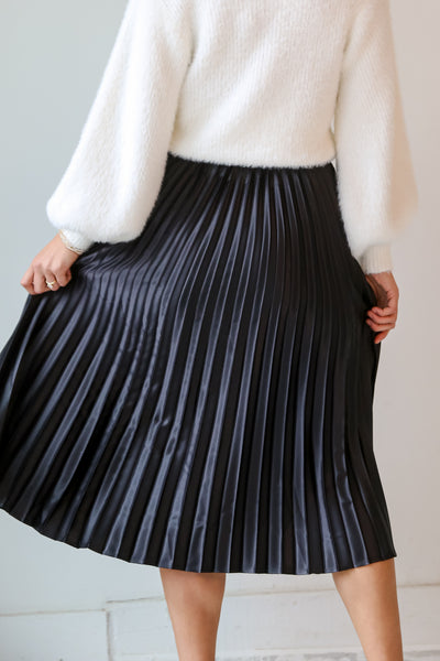 shiny black Satin Pleated Midi Skirt