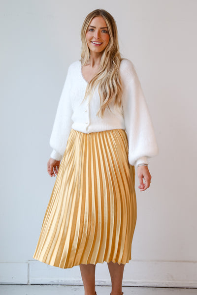 gold Satin Pleated Midi Skirt front view