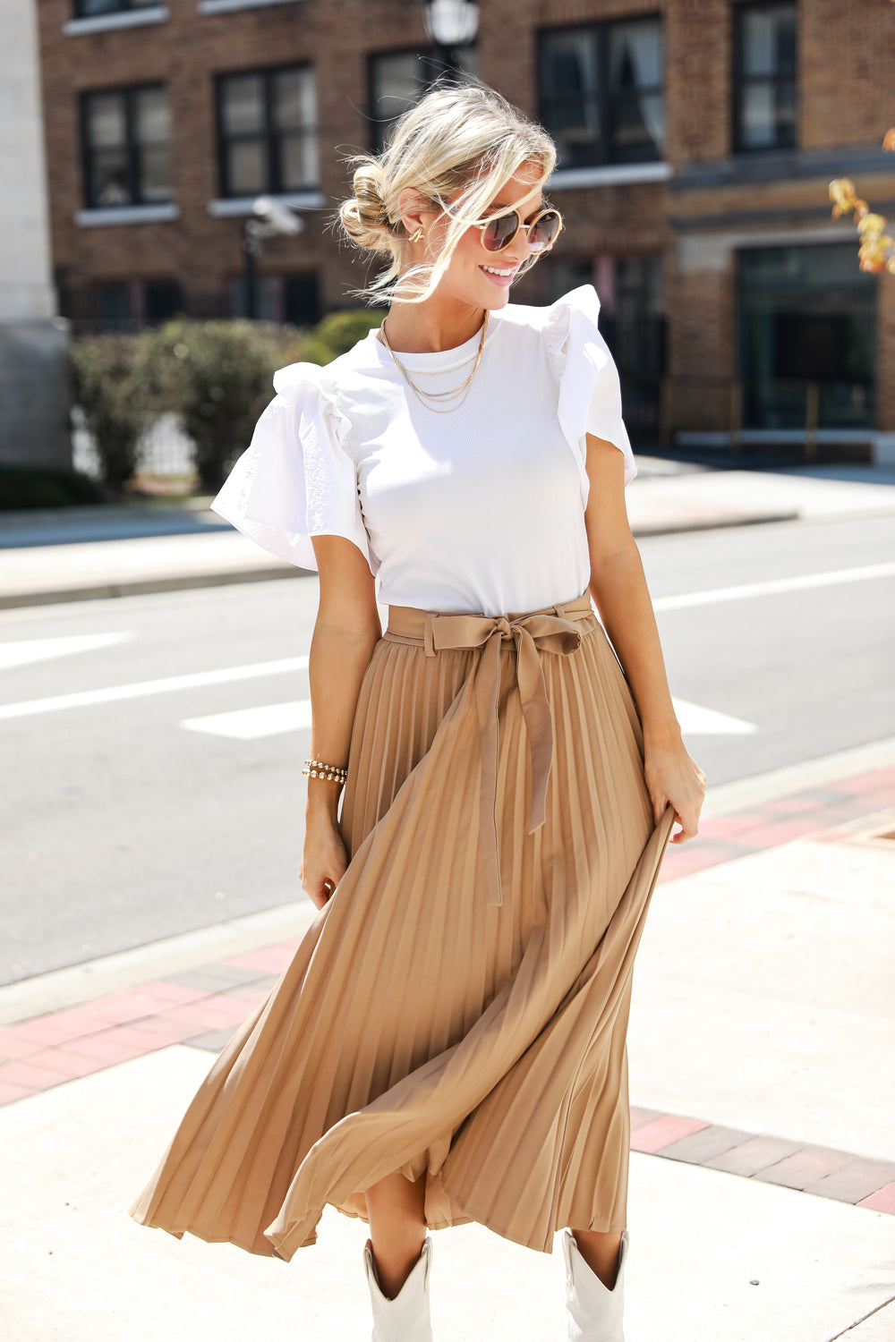 taupe Pleated Midi Skirt for women