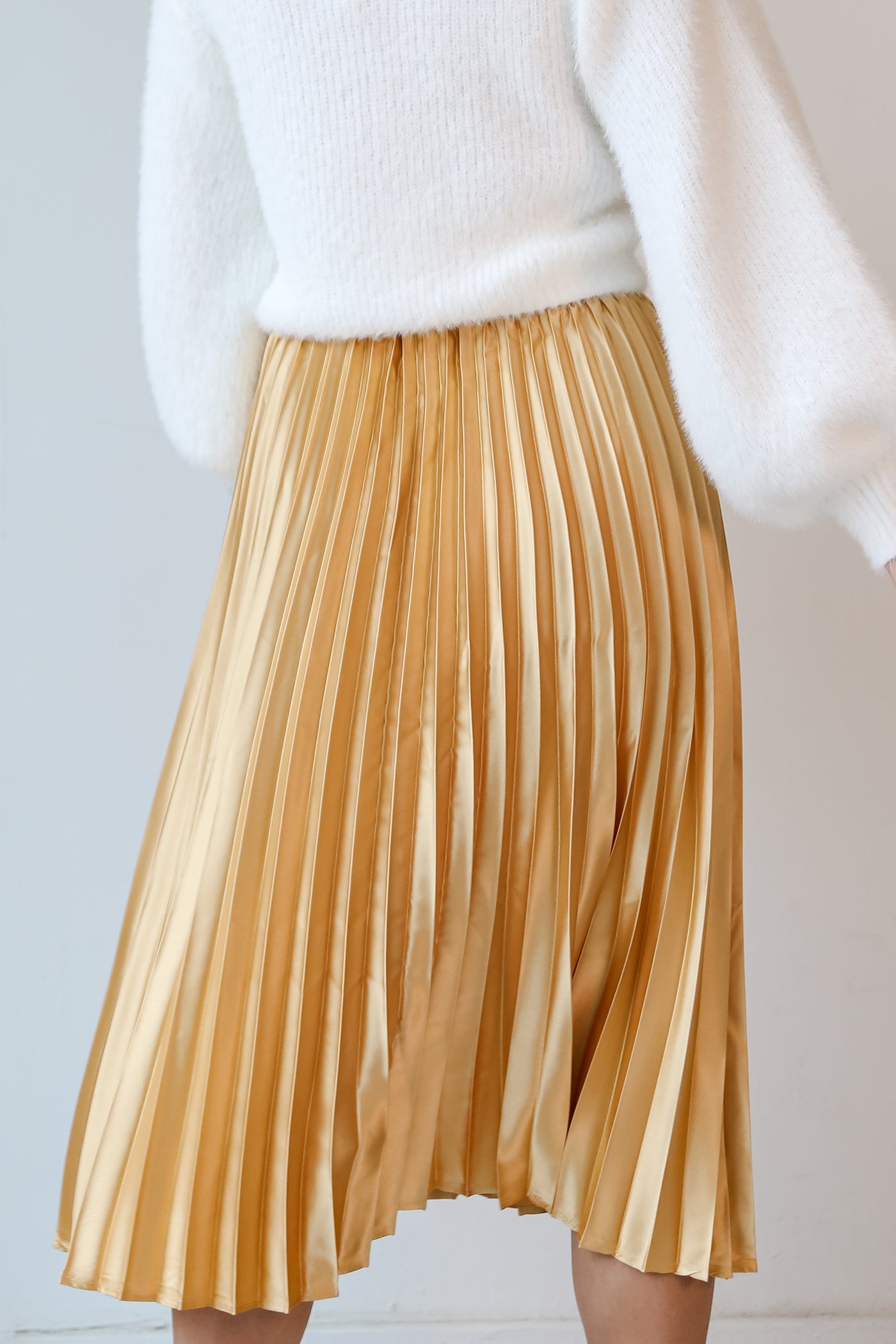 gold Satin Pleated Midi Skirt back view