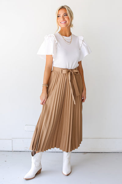 cute taupe Pleated Midi Skirt on model