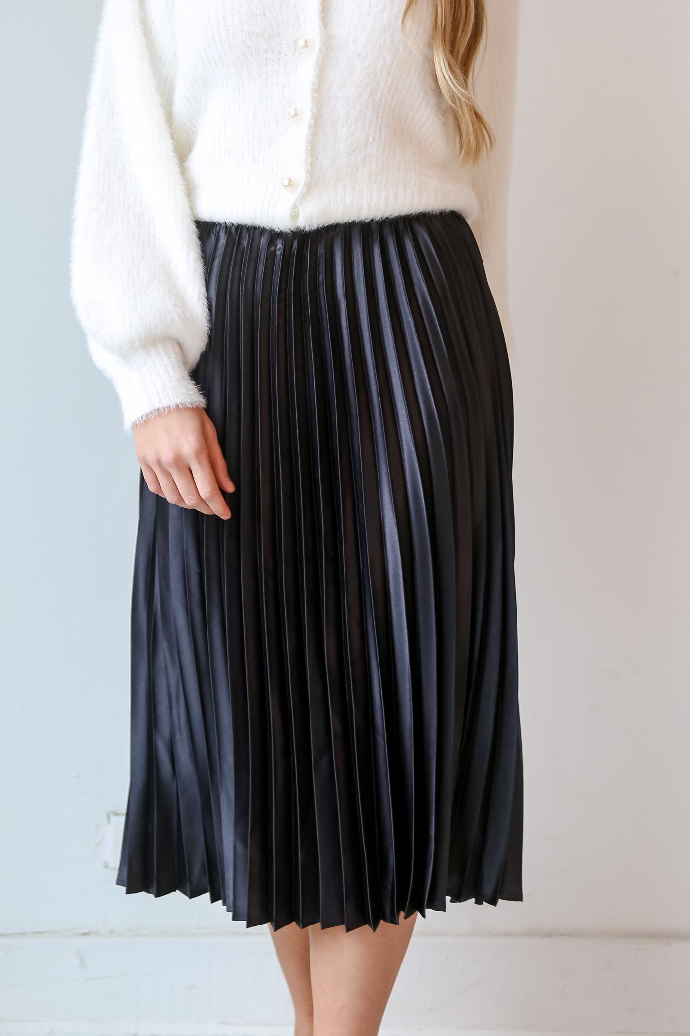 black Satin Pleated Midi Skirt close up