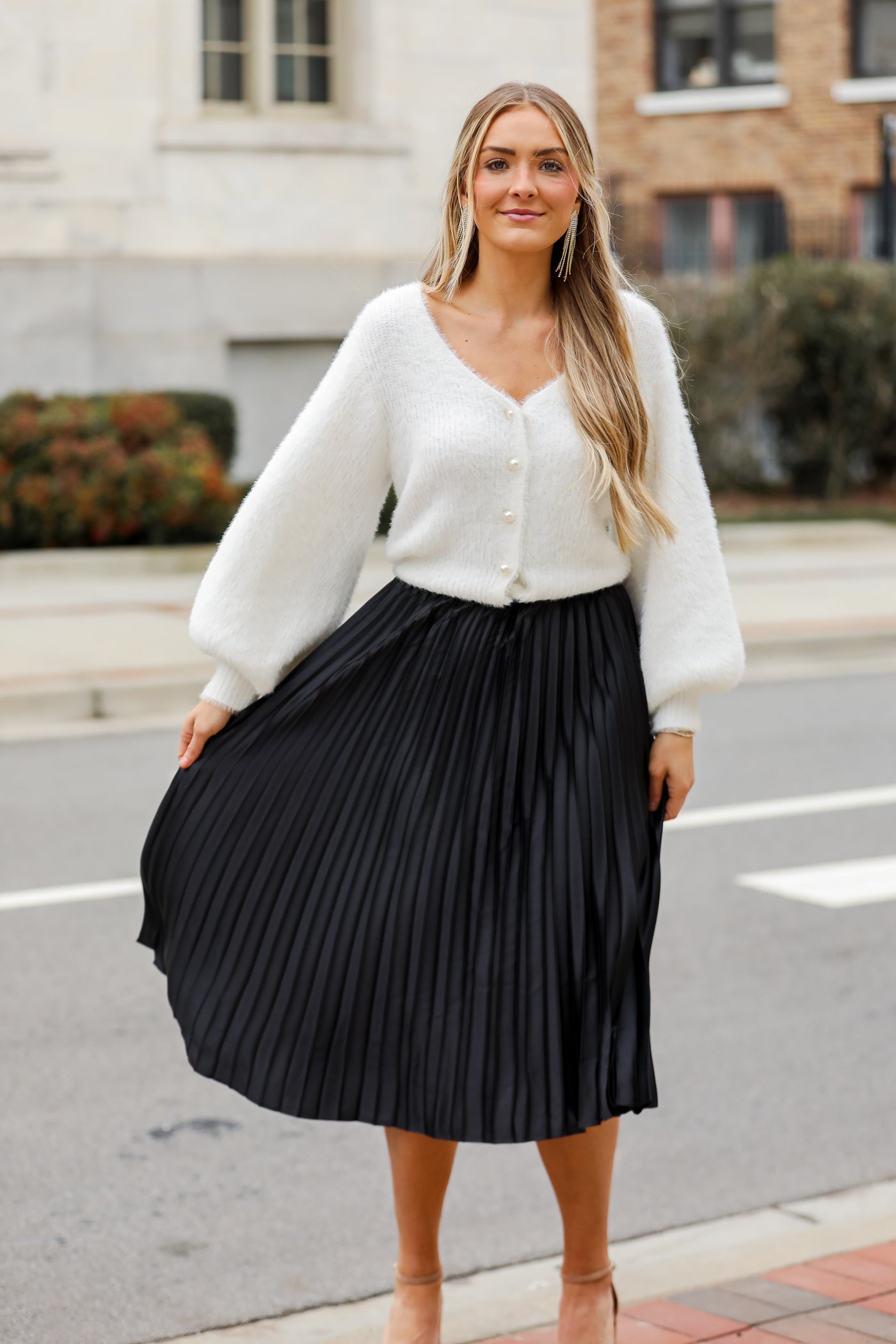 black Satin Pleated Midi Skirt