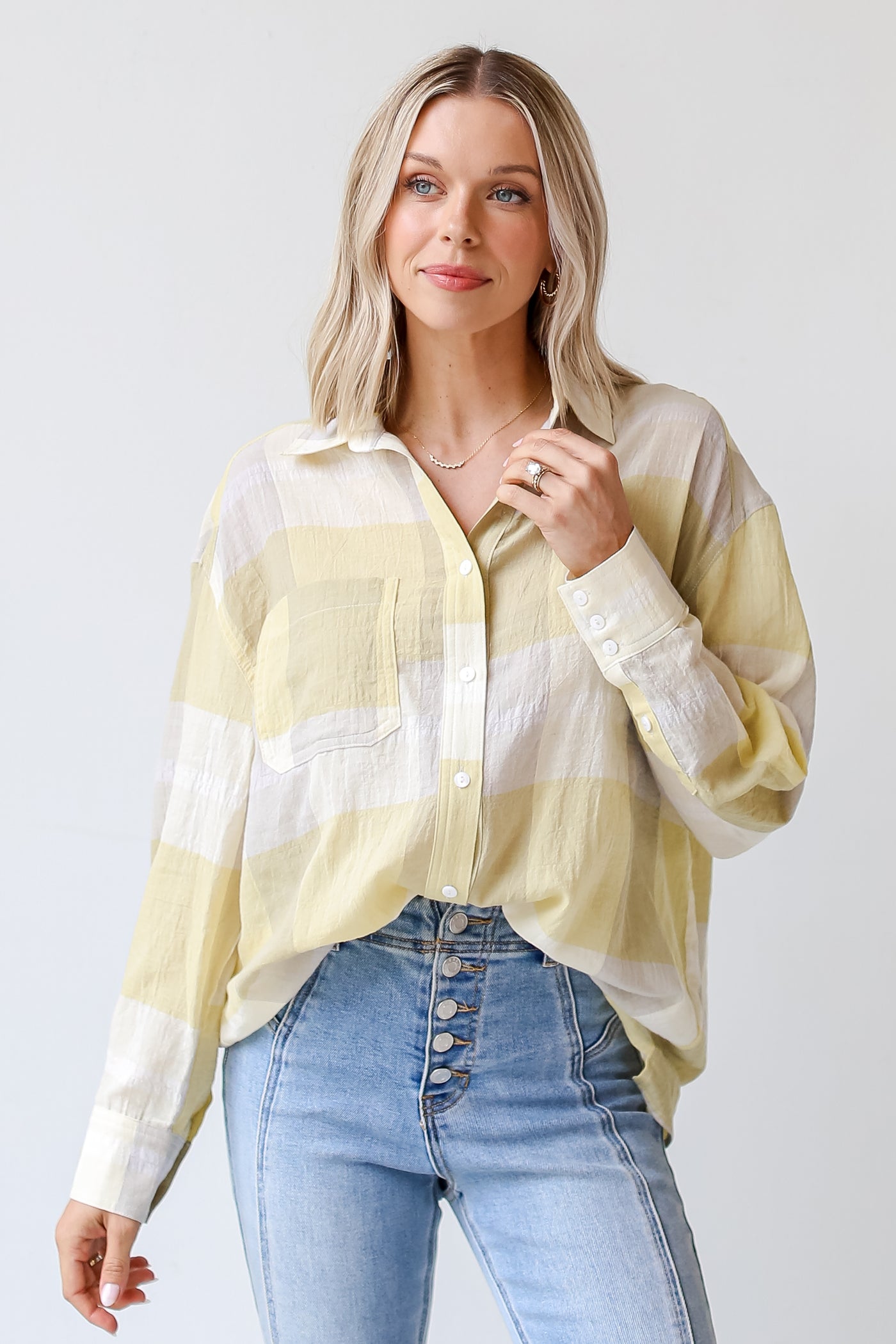 yellow Plaid Button-Up Blouse on dress up model