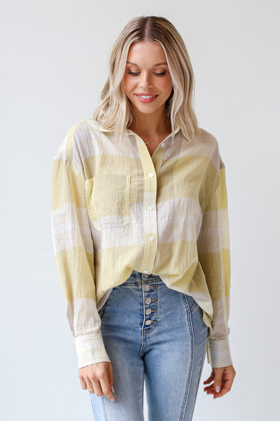 yellow Plaid Button-Up Blouse tucked in
