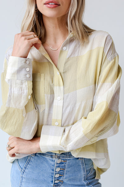 yellow Plaid Button-Up Blouse close up