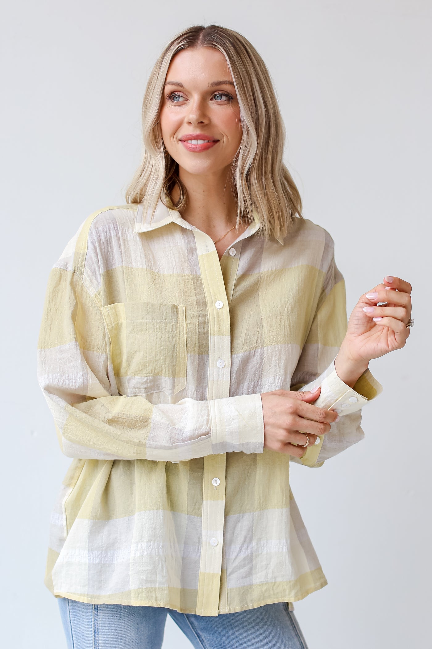 yellow Plaid Button-Up Blouse untucked