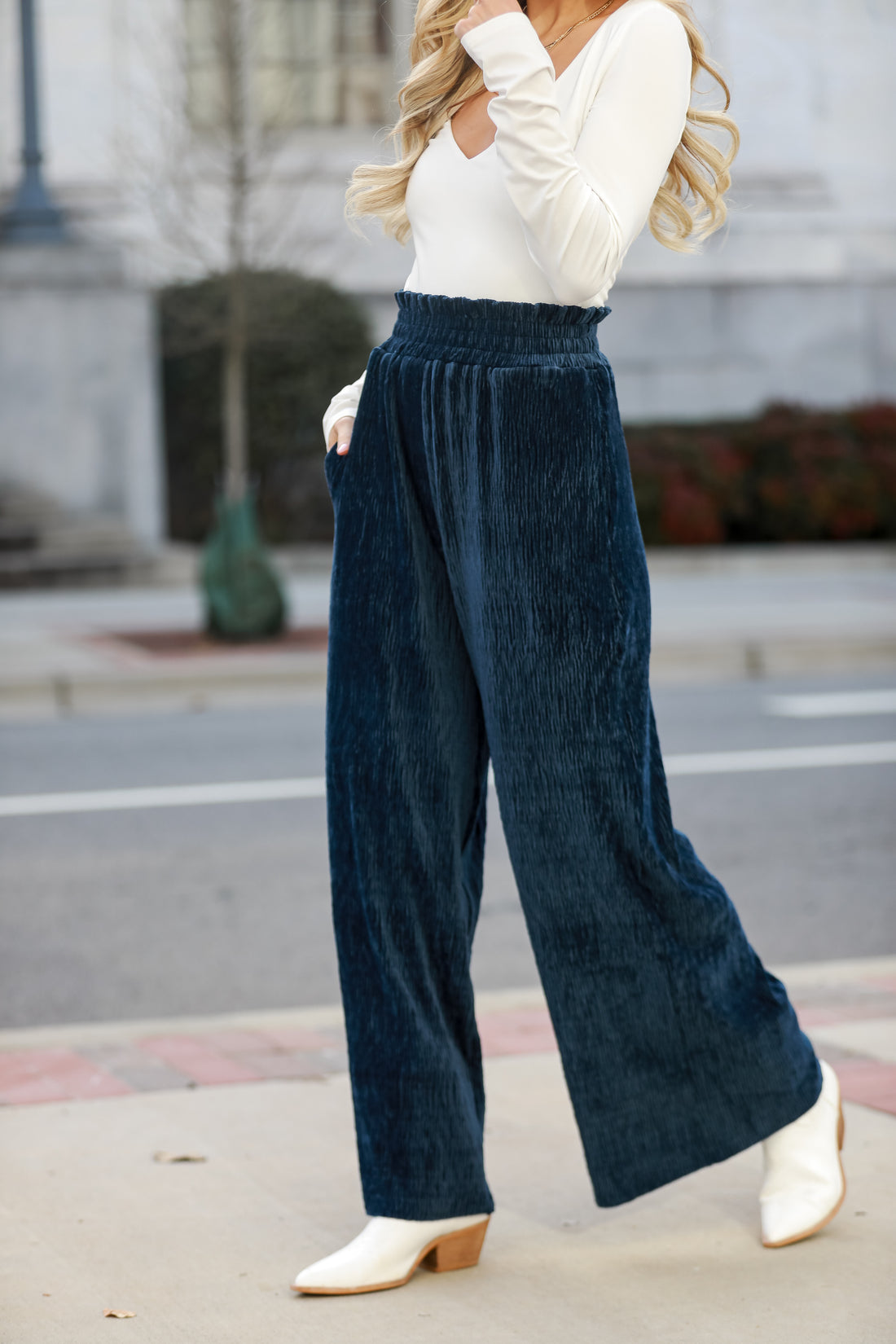 navy Velvet Plisse Pants