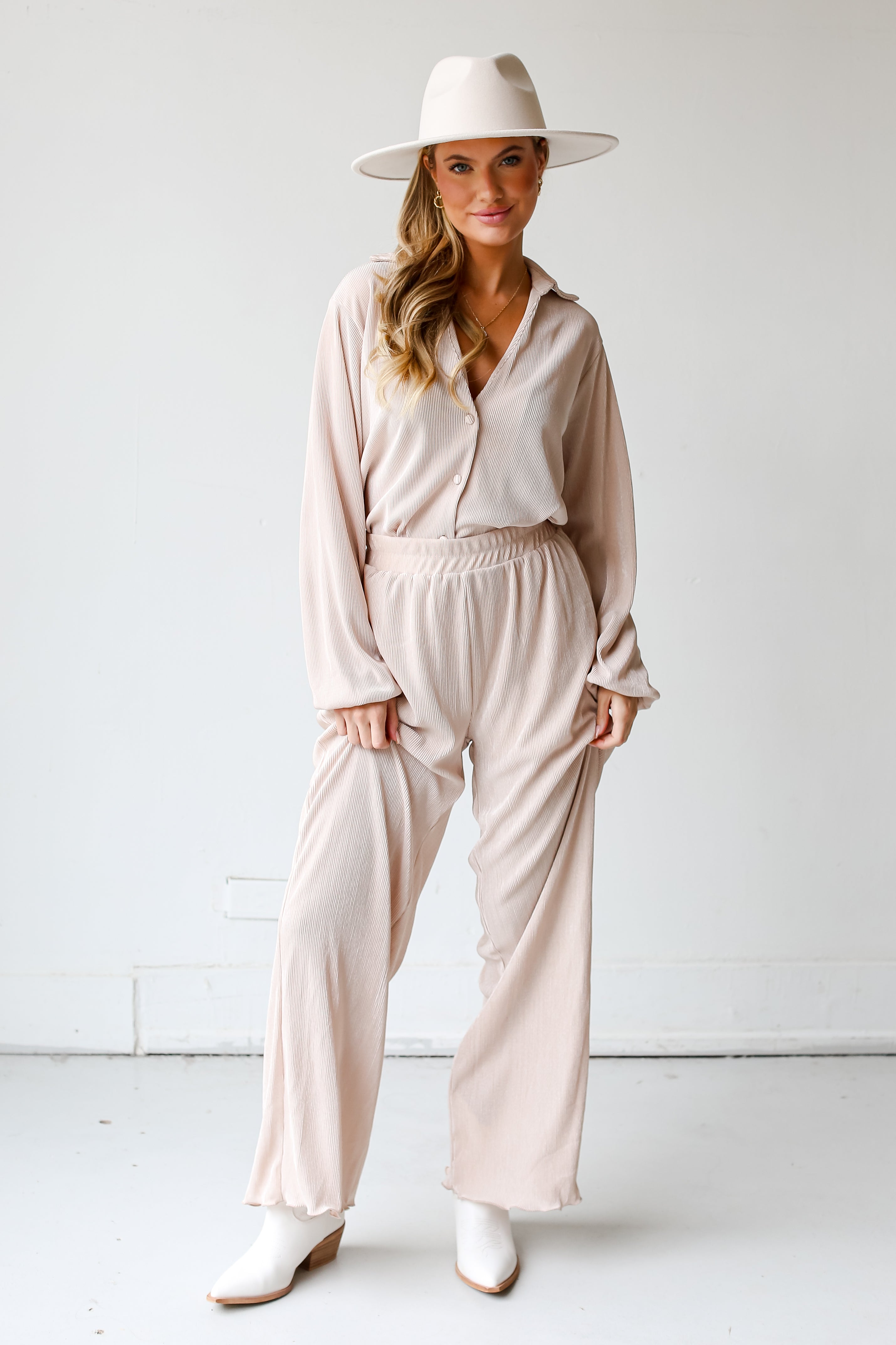 taupe plisse matching set