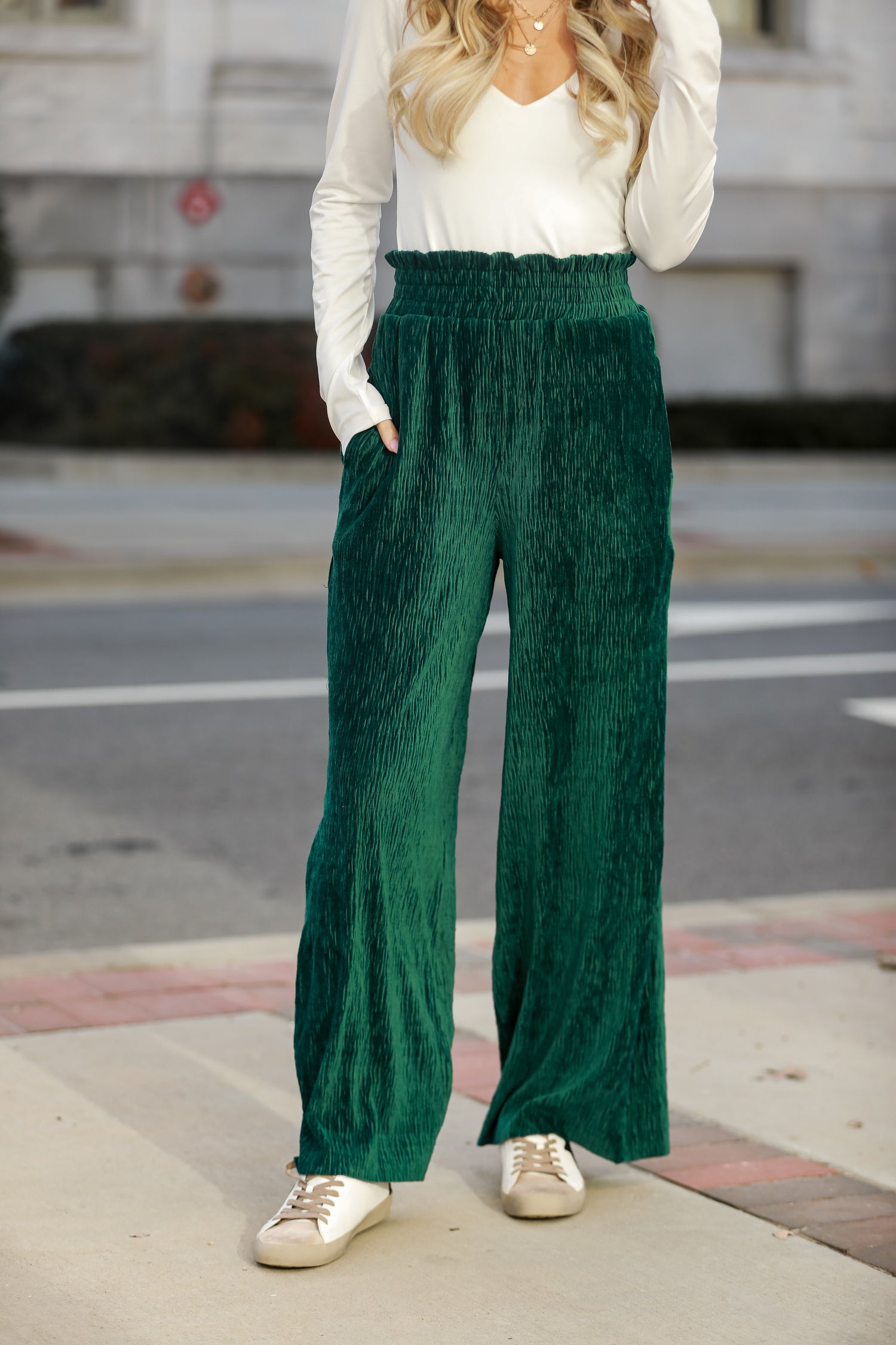 Street Style Velvet Palazzo Pants Outfits Pants Outfit Green