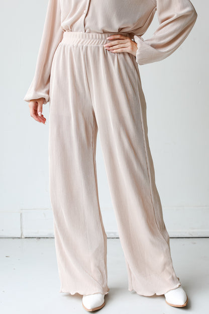 taupe plisse pants close up