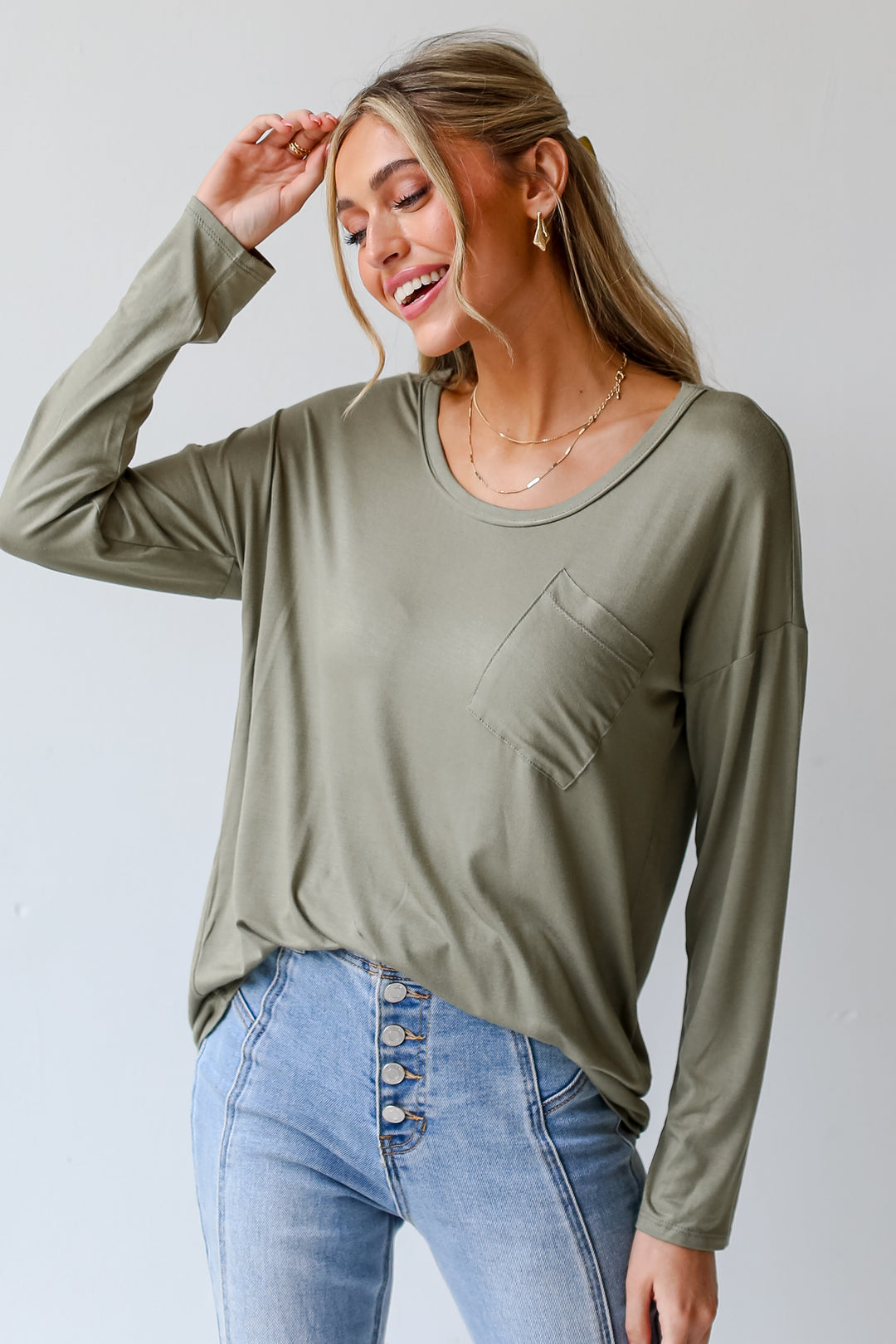 olive Pocket Tee front view