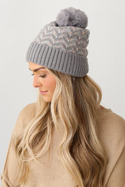 grey Pom Pom Beanie side view