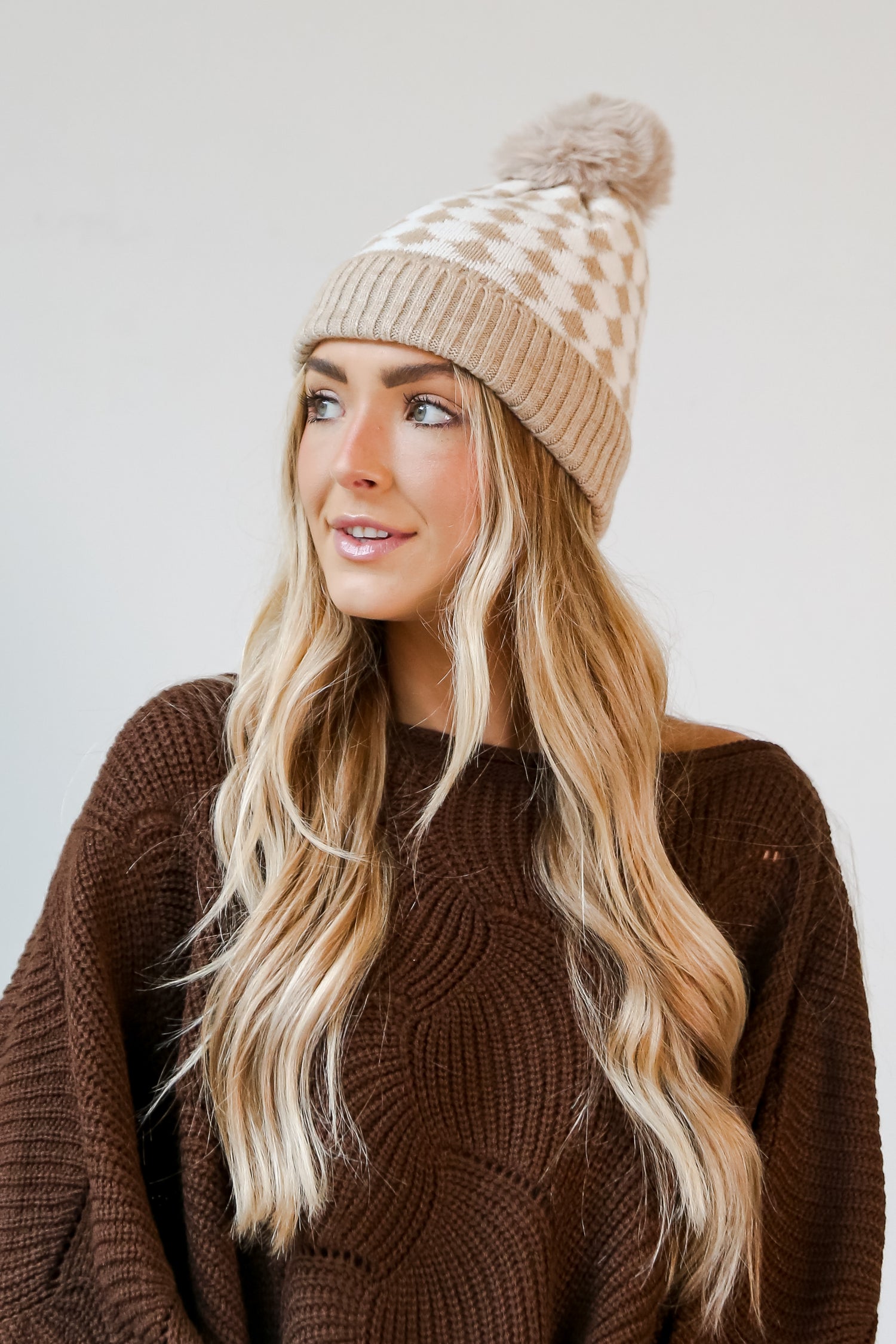 Checkered Pom Pom Beanie