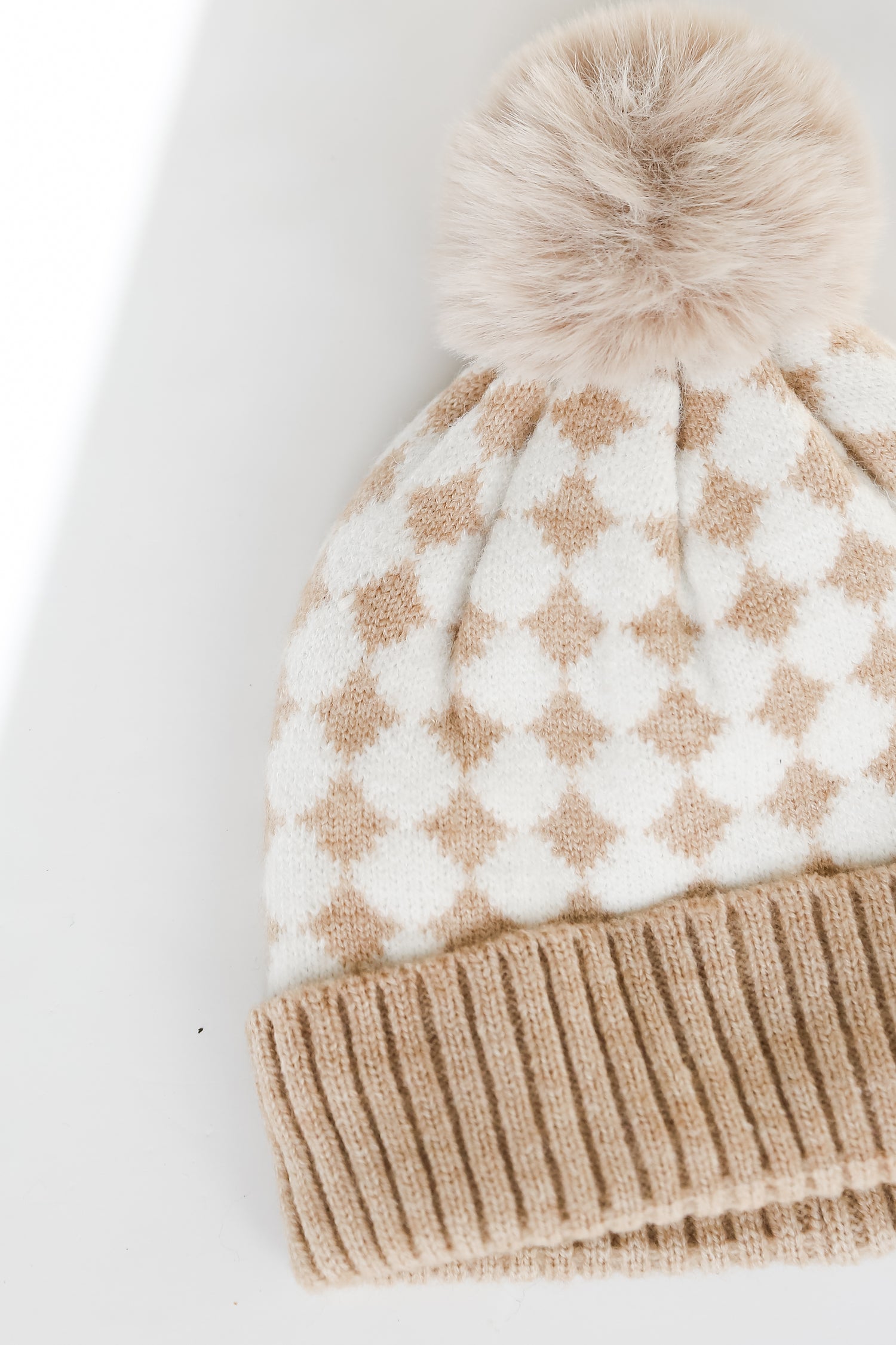 Checkered Pom Pom Beanie close up