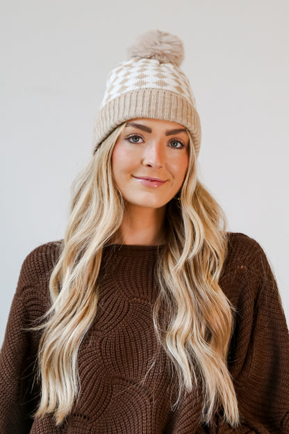 fuzzy Checkered Pom Pom Beanie