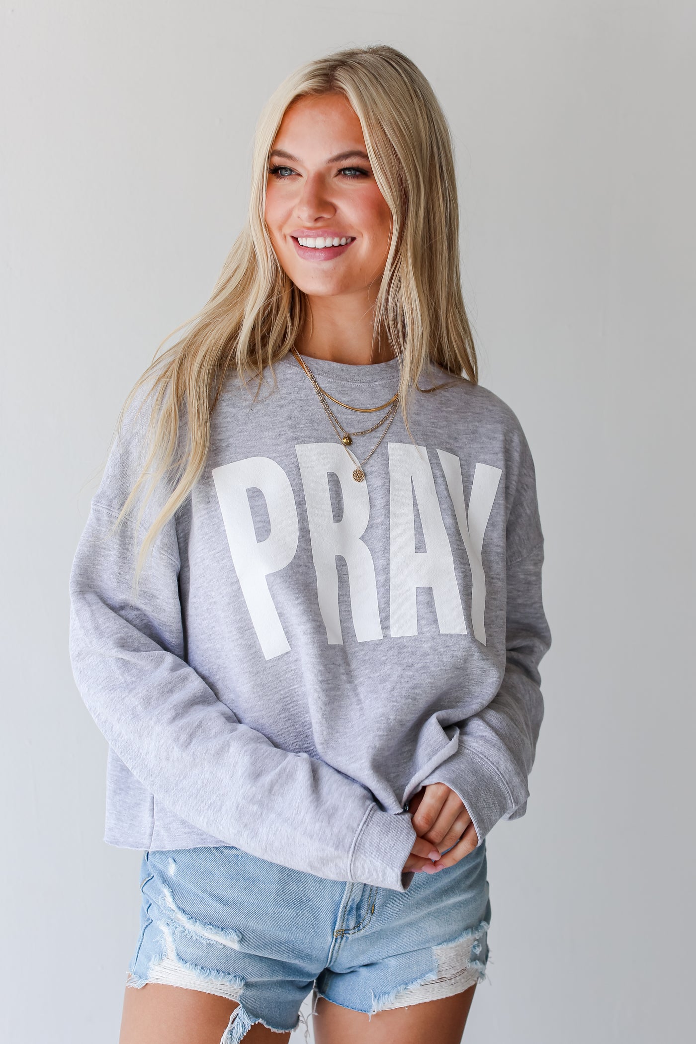 Heather Grey Pray Cropped Pullover close up