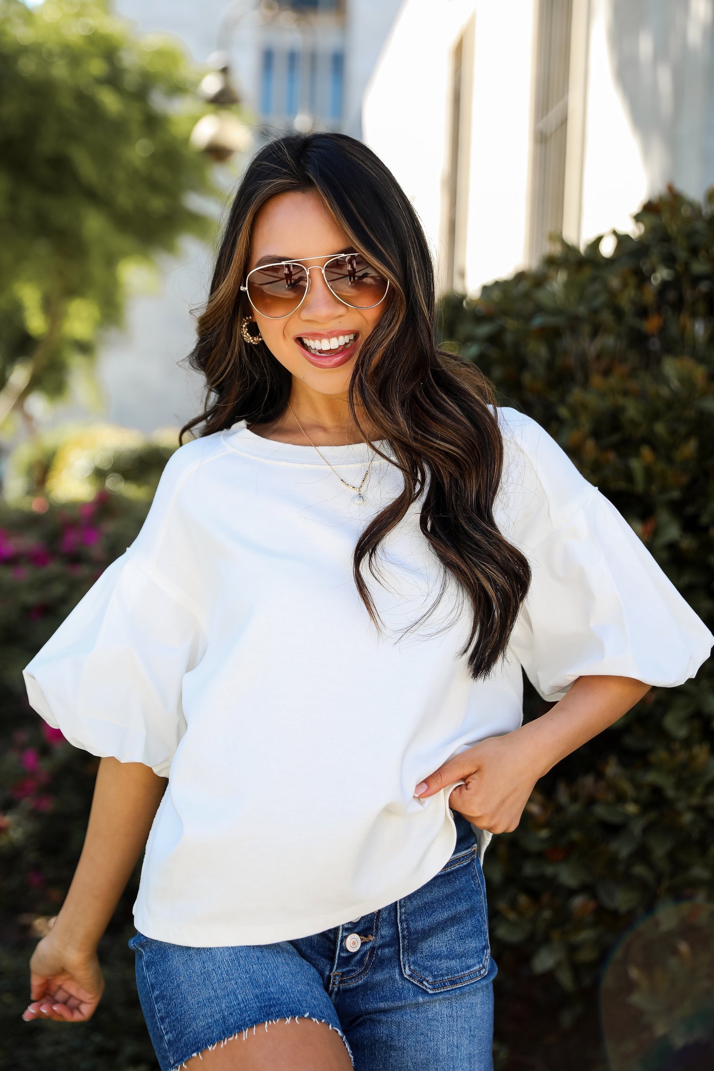 white Contrast Puff Sleeve Top