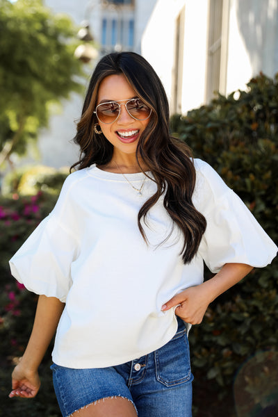 white Contrast Puff Sleeve Top