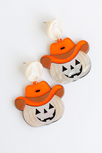 Cowboy Pumpkin Earrings flat lay